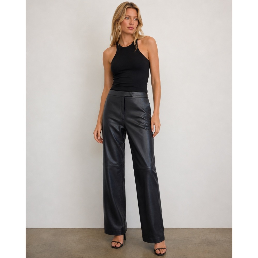 Liz Claiborne Y2k 100% Leather Black Straight Leg Pants Size 12 Minimalist